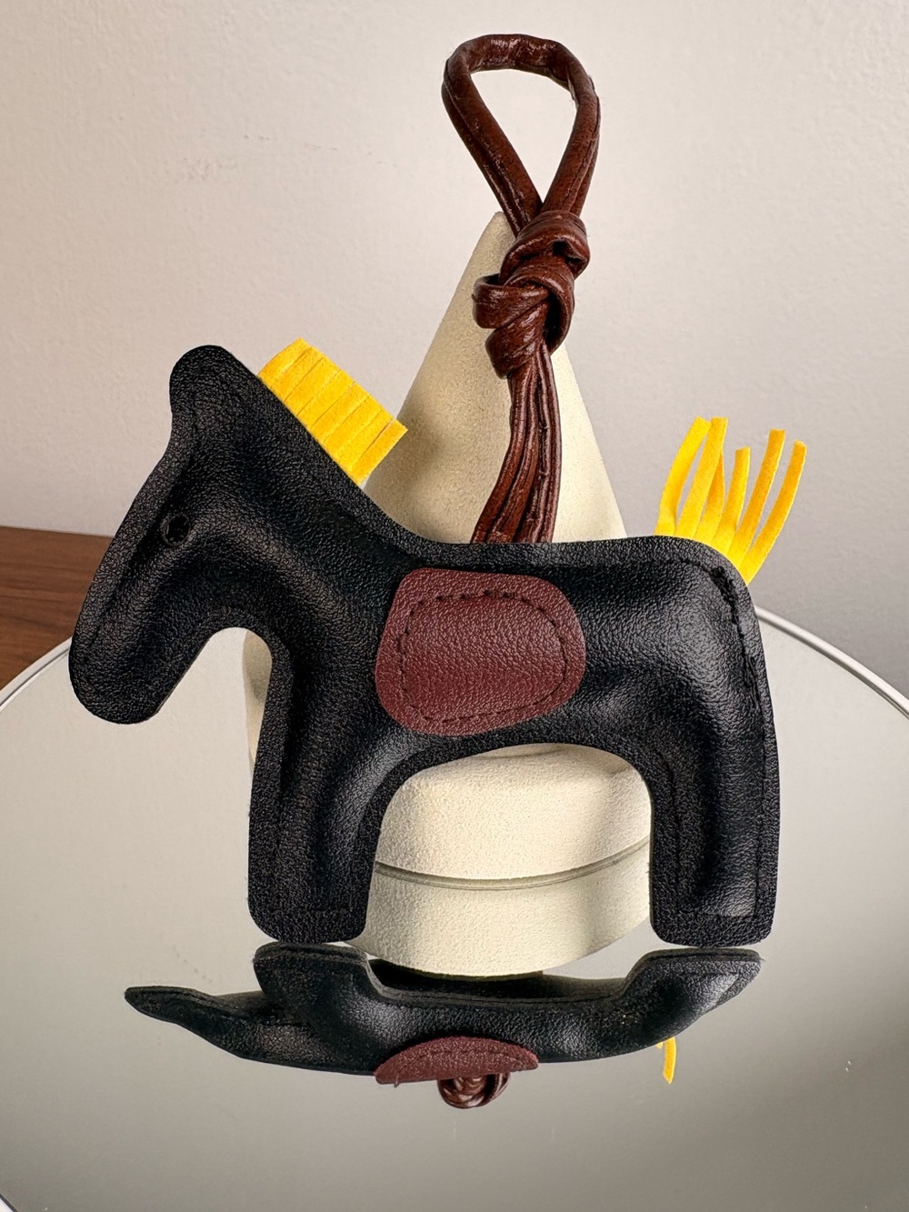 Black Leather Horse Bag Charm with Yellow Fringe